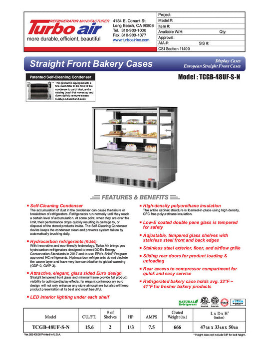 Turbo Air TCGB-48UF-S-N 47-7/8" Refrigerated Straight Glass Full-Service Bakery Display Case, 3 Levels, Stainless Steel Exterior, 115v - Donut-Supplies.Com
