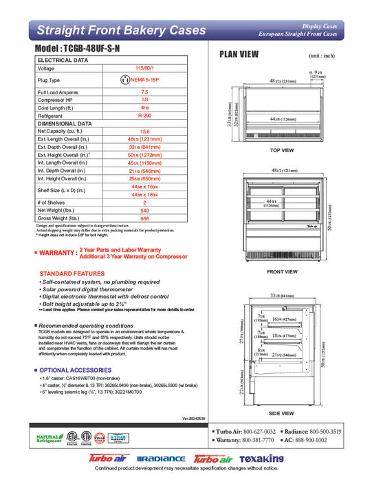 Turbo Air TCGB-48UF-S-N 47-7/8" Refrigerated Straight Glass Full-Service Bakery Display Case, 3 Levels, Stainless Steel Exterior, 115v - Donut-Supplies.Com