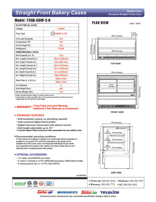 Turbo Air TCGB-60UF-S-N 60-1/2" Refrigerated Straight Glass Full-Service Bakery Display Case, 3 Levels, Stainless Steel Exterior, 115v - Donut-Supplies.Com