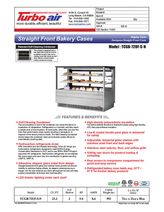 Turbo Air TCGB-72UF-S-N 72-1/2" Refrigerated Straight Glass Full-Service Bakery Display Case, 3 Levels, Stainless Steel Exterior, 115v - Donut-Supplies.Com