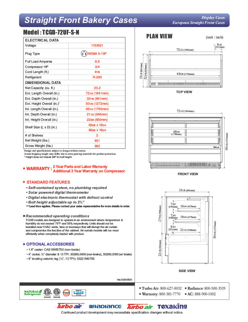 Turbo Air TCGB-72UF-S-N 72-1/2" Refrigerated Straight Glass Full-Service Bakery Display Case, 3 Levels, Stainless Steel Exterior, 115v - Donut-Equipment.com