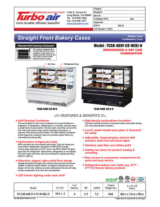 Turbo Air TCGB-60UF-CO-B-N 60-1/2" Straight Glass Full-Service Dual Zone Dry/Refrigerated Bakery Display Case, 3 Levels, Black Exterior, 115v - Donut-Supplies.Com