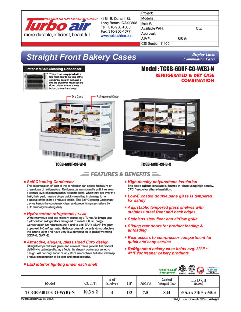 Turbo Air TCGB-60UF-CO-B-N 60-1/2" Straight Glass Full-Service Dual Zone Dry/Refrigerated Bakery Display Case, 3 Levels, Black Exterior, 115v - Donut-Equipment.com