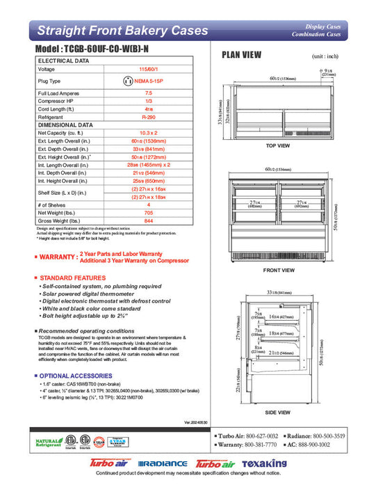 Turbo Air TCGB-60UF-CO-B-N 60-1/2" Straight Glass Full-Service Dual Zone Dry/Refrigerated Bakery Display Case, 3 Levels, Black Exterior, 115v - Donut-Supplies.Com