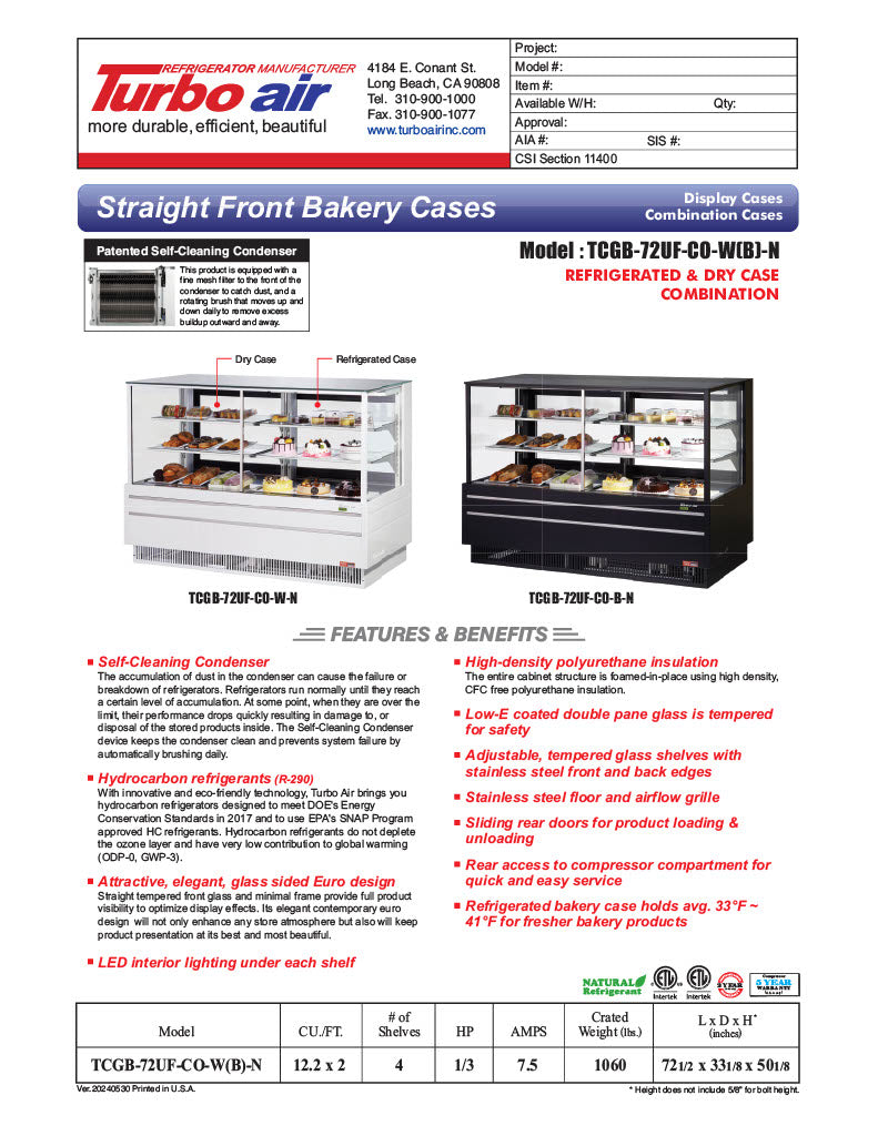 Turbo Air TCGB-72UF-CO-B-N 72-1/2" Straight Glass Full-Service Dual Zone Dry/Refrigerated Deli Display Case, 3 Levels, Black Exterior, 115v - Donut-Equipment.com