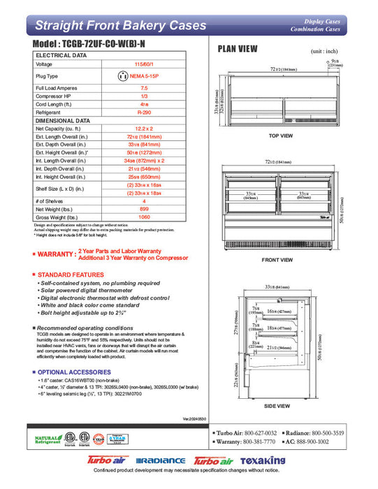 Turbo Air TCGB-72UF-CO-B-N 72-1/2" Straight Glass Full-Service Dual Zone Dry/Refrigerated Deli Display Case, 3 Levels, Black Exterior, 115v - Donut-Supplies.Com