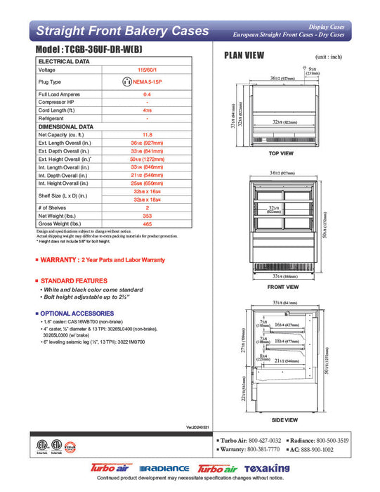 Turbo Air TCGB-36UF-DR-B 36" Straight Glass Full-Service Dry Bakery Display Case, 3 Levels, Black Exterior, 115v - Donut-Supplies.Com