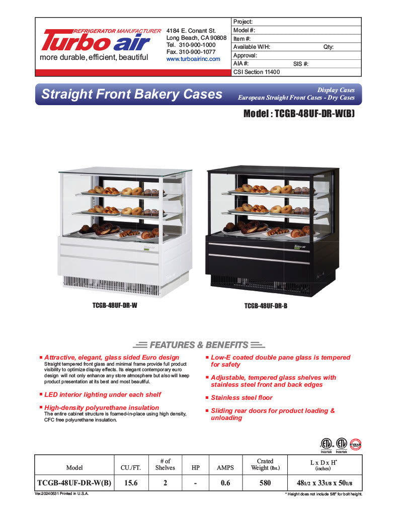 Turbo Air TCGB-48UF-DR-B 48" Straight Glass Full-Service Dry Bakery Display Case, 3 Levels, Black Exterior, 115v - Donut-Equipment.com