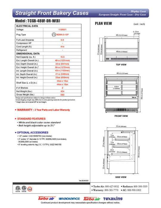 Turbo Air TCGB-48UF-DR-B 48" Straight Glass Full-Service Dry Bakery Display Case, 3 Levels, Black Exterior, 115v - Donut-Supplies.Com