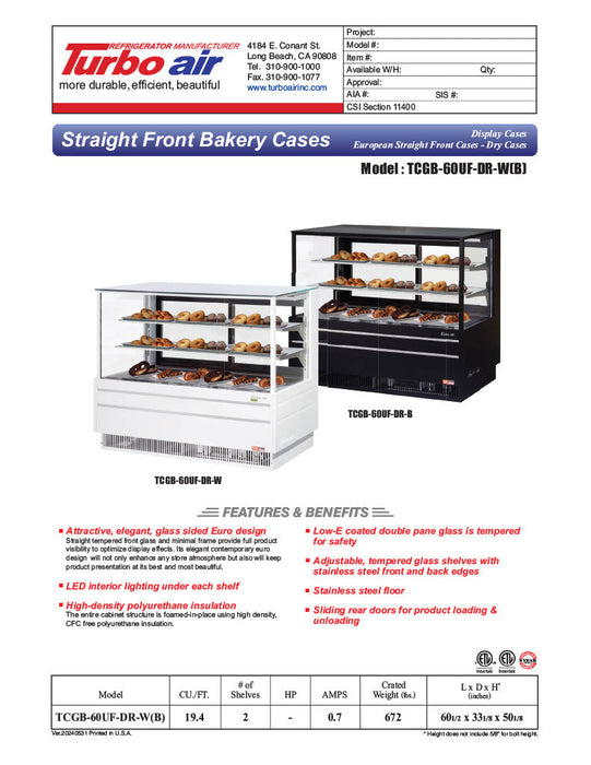 Turbo Air TCGB-60UF-DR-W 60" Straight Glass Full-Service Dry Bakery Display Case, 3 Levels, White Exterior, 115v - Donut-Supplies.Com