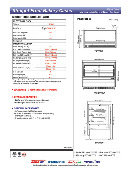 Turbo Air TCGB-60UF-DR-W 60" Straight Glass Full-Service Dry Bakery Display Case, 3 Levels, White Exterior, 115v - Donut-Supplies.Com