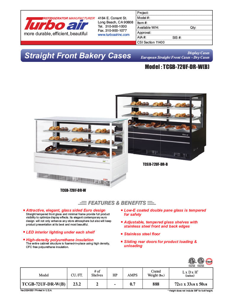 Turbo Air TCGB-72UF-DR-B 72" Straight Glass Full-Service Dry Bakery Display Case, 3 Levels, Black Exterior, 115v - Donut-Equipment.com