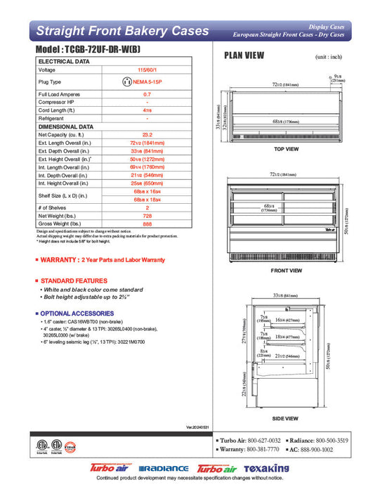 Turbo Air TCGB-72UF-DR-B 72" Straight Glass Full-Service Dry Bakery Display Case, 3 Levels, Black Exterior, 115v - Donut-Supplies.Com