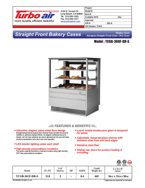 Turbo Air TCGB-36UF-DR-S 36" Straight Glass Full-Service Dry Bakery Display Case, 3 Levels, Stainless Steel Exterior, 115v - Donut-Supplies.Com