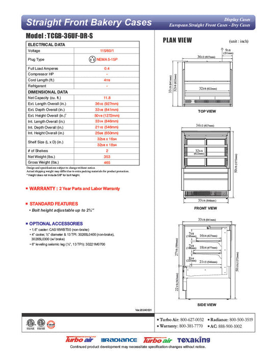 Turbo Air TCGB-36UF-DR-S 36" Straight Glass Full-Service Dry Bakery Display Case, 3 Levels, Stainless Steel Exterior, 115v - Donut-Supplies.Com