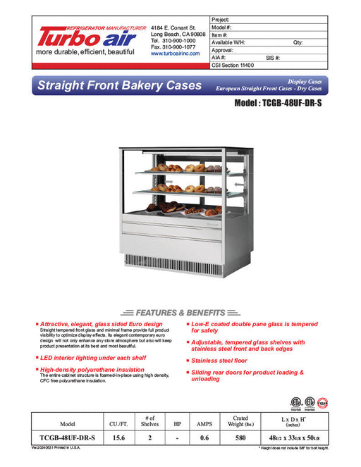 Turbo Air TCGB-48UF-DR-S 48" Straight Glass Full-Service Dry Bakery Display Case, 3 Levels, Stainless Steel Exterior, 115v - Donut-Supplies.Com