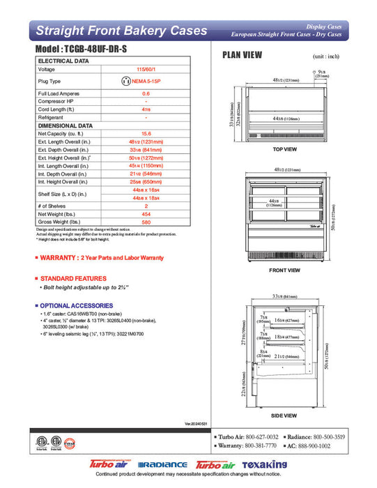 Turbo Air TCGB-48UF-DR-S 48" Straight Glass Full-Service Dry Bakery Display Case, 3 Levels, Stainless Steel Exterior, 115v - Donut-Supplies.Com