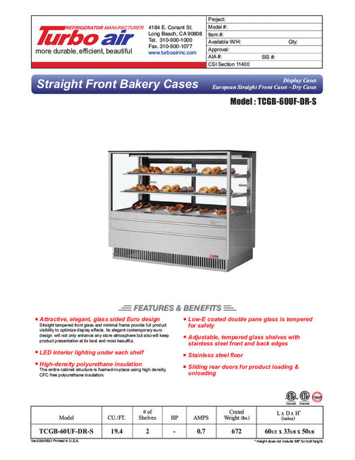Turbo Air TCGB-60UF-DR-S 60-1/2" Straight Glass Full-Service Dry Bakery Display Case, 3 Levels, Stainless Steel Exterior, 115v - Donut-Supplies.Com