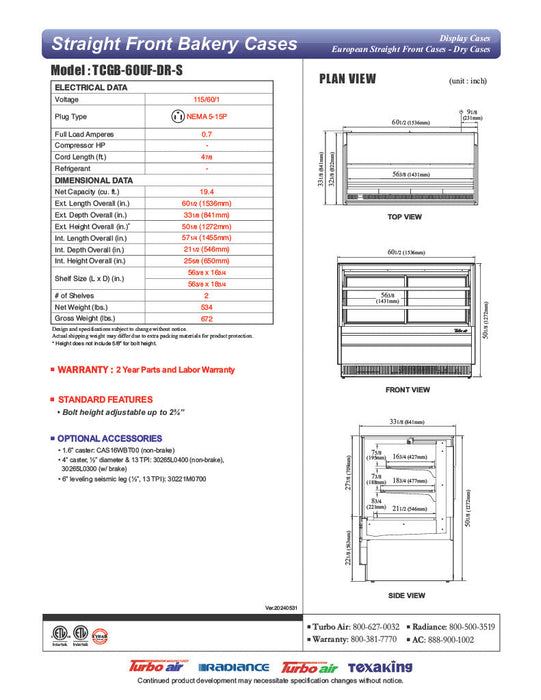 Turbo Air TCGB-60UF-DR-S 60-1/2" Straight Glass Full-Service Dry Bakery Display Case, 3 Levels, Stainless Steel Exterior, 115v - Donut-Supplies.Com