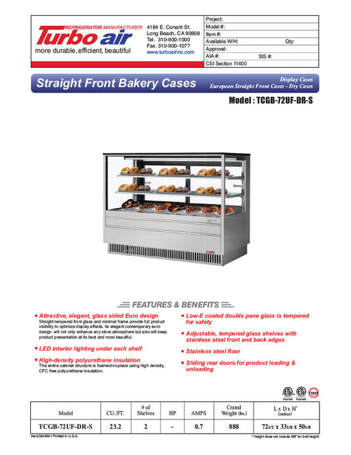 Turbo Air TCGB-72UF-DR-S 72" Straight Glass Full-Service Dry Bakery Display Case, 3 Levels, Stainless Steel Exterior, 115v - Donut-Supplies.Com