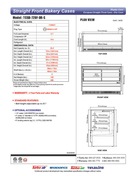 Turbo Air TCGB-72UF-DR-S 72" Straight Glass Full-Service Dry Bakery Display Case, 3 Levels, Stainless Steel Exterior, 115v - Donut-Supplies.Com
