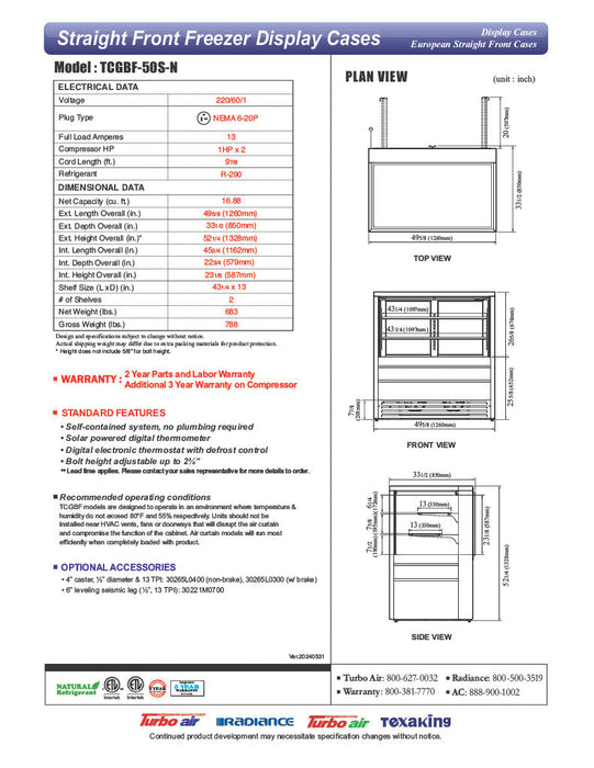 Turbo Air TCGBF-50S-N 49-5/8" Straight Glass Full-Service Freezer Bakery Display Case, 3 Levels, Stainless Steel Exterior, 220v/1ph - Donut-Supplies.Com