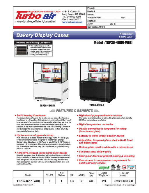 Turbo Air TBP36-46NN-B 35-3/8" Refrigerated Straight Glass Full-Service Bakery Display Case, 2 Levels, Black Exterior, 115v - Donut-Supplies.Com