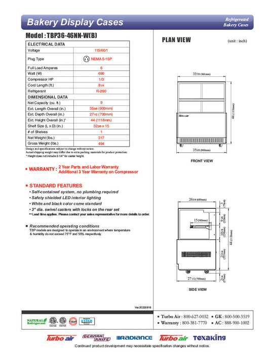Turbo Air TBP36-46NN-B 35-3/8" Refrigerated Straight Glass Full-Service Bakery Display Case, 2 Levels, Black Exterior, 115v - Donut-Supplies.Com