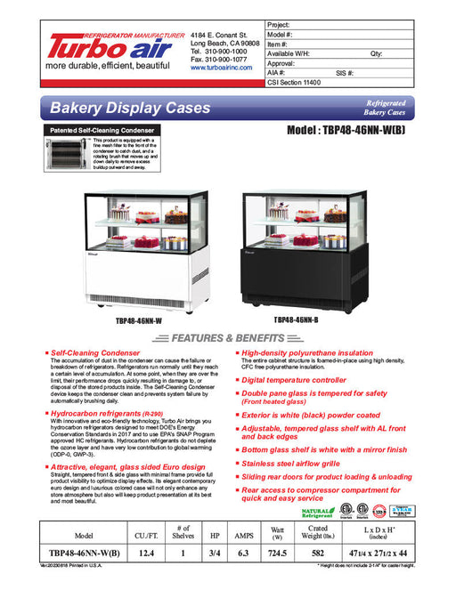 Turbo Air TBP48-46NN-B 47-1/4" Refrigerated Straight Glass Full-Service Bakery Display Case, 2 Levels, Black Exterior, 115v - Donut-Supplies.Com