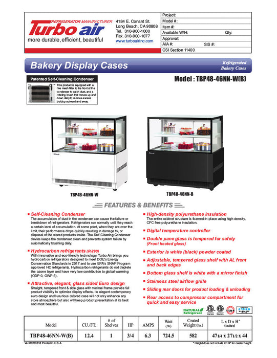 Turbo Air TBP48-46NN-B 47-1/4" Refrigerated Straight Glass Full-Service Bakery Display Case, 2 Levels, Black Exterior, 115v - Donut-Supplies.Com