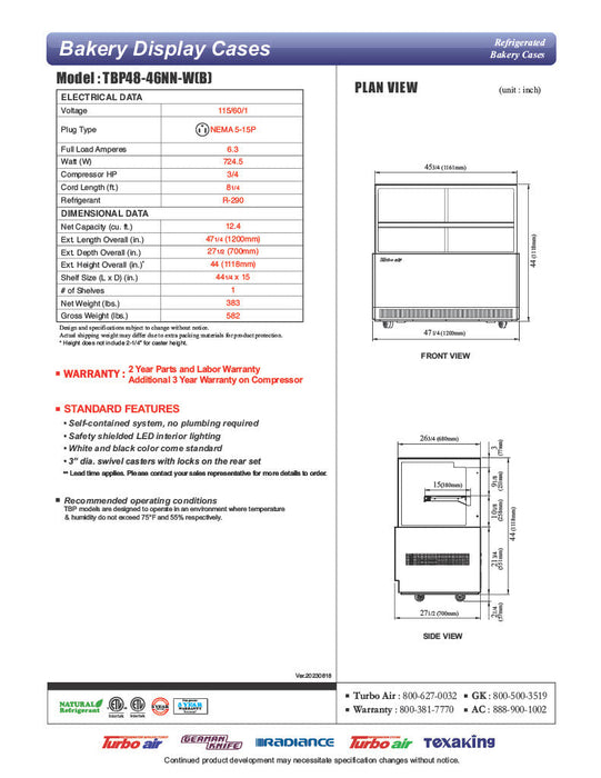 Turbo Air TBP48-46NN-B 47-1/4" Refrigerated Straight Glass Full-Service Bakery Display Case, 2 Levels, Black Exterior, 115v - Donut-Supplies.Com
