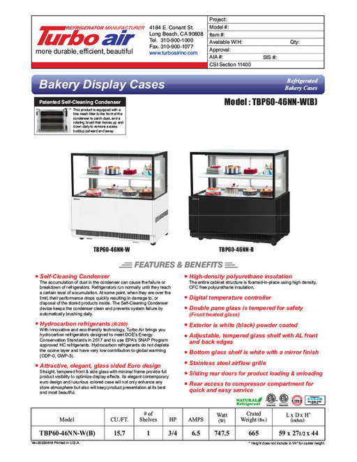 Turbo Air TBP60-46NN-W 59" Refrigerated Straight Glass Full-Service Bakery Display Case, 2 Levels, White Exterior, 115v - Donut-Supplies.Com
