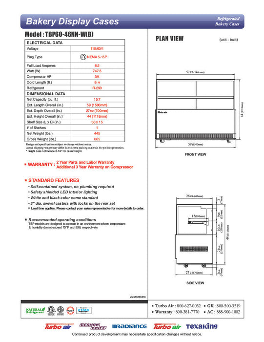 Turbo Air TBP60-46NN-W 59" Refrigerated Straight Glass Full-Service Bakery Display Case, 2 Levels, White Exterior, 115v - Donut-Supplies.Com