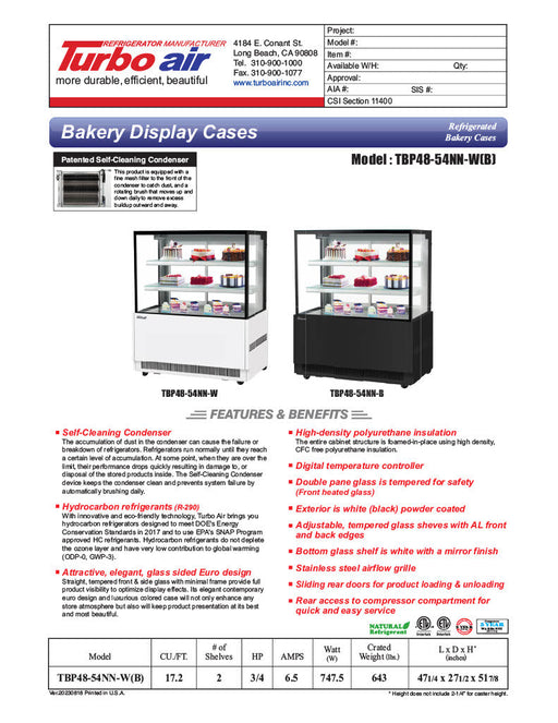 Turbo Air TBP48-54NN-B 47" Straight Glass Full-Service Refrigerated Bakery Display Case, 3 Levels, Black Exterior, 115v - Donut-Supplies.Com