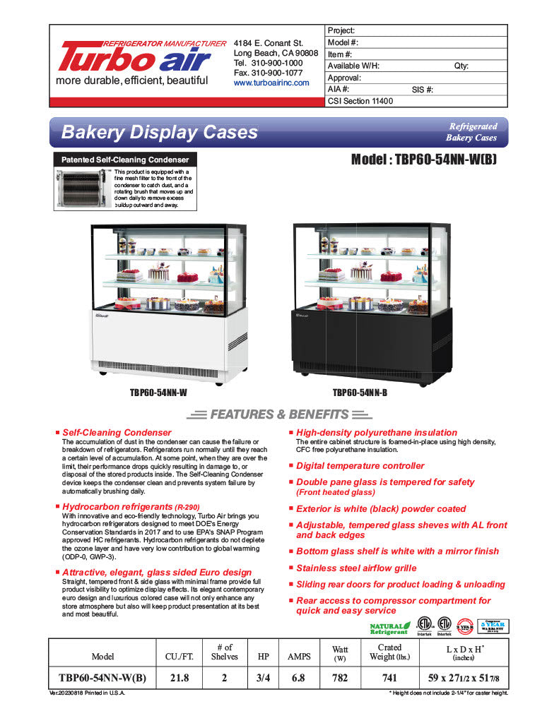 Turbo Air TBP60-54NN-B 59" Straight Glass Full-Service Bakery Display Case, 3 Levels, Black Exterior, 115v - Donut-Equipment.com