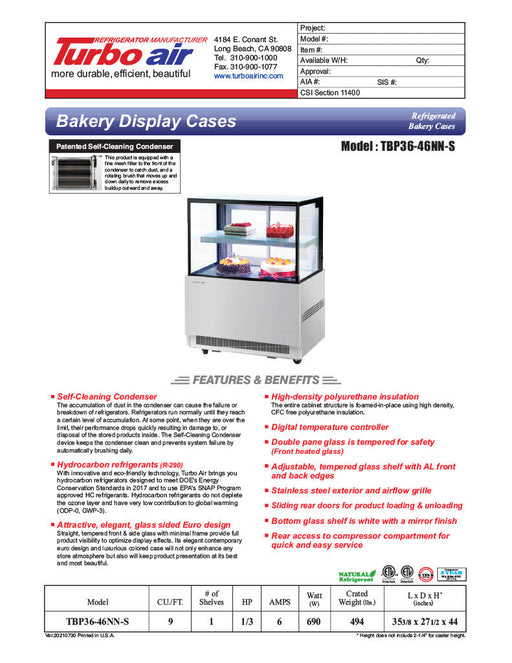 Turbo Air TBP36-46NN-S 35-3/8" Straight Glass Full-Service Bakery Display Case, 2 Levels, Stainless Steel Exterior, 115v - Donut-Supplies.Com