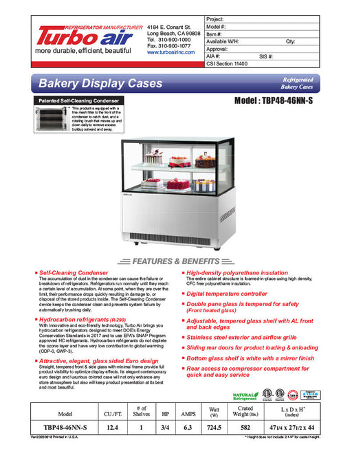 Turbo Air TBP48-46NN-S 47-1/4" Straight Glass Full-Service Bakery Display Case, 2 Levels, Stainless Steel Exterior, 115v - Donut-Supplies.Com