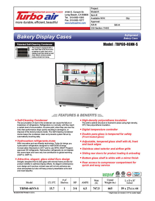 Turbo Air TBP60-46NN-S 59" Straight Glass Full-Service Bakery Display Case, 2 Levels, Stainless Steel Exterior, 115v - Donut-Supplies.Com