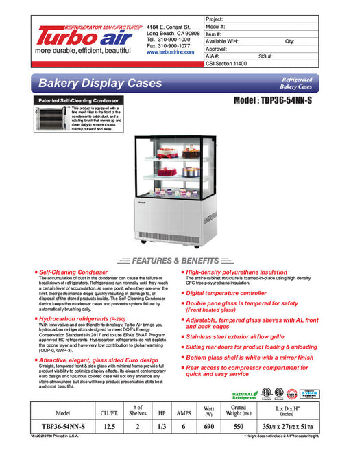 Turbo Air TBP36-54NN-S 35-3/8" Straight Glass Full-Service Bakery Display Case, 3 Levels, Stainless Steel Exterior, 115v          Ask ChatGPT - Donut-Supplies.Com