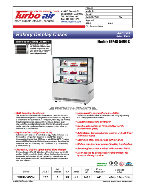 Turbo Air TBP48-54NN-S 47-1/4" Straight Glass Full-Service Bakery Display Case, 3 Levels, Stainless Steel Exterior, 115v - Donut-Supplies.Com