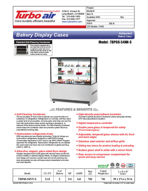 Turbo Air TBP60-54NN-S 59" Straight Glass Full-Service Bakery Display Case, 3 Levels, Stainless Steel Exterior, 115v - Donut-Supplies.Com