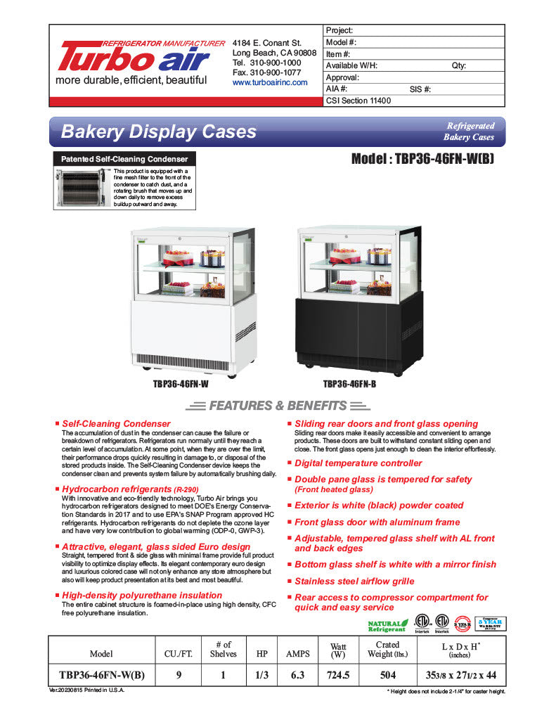 Turbo Air TBP36-46FN-B 35-3/8" Straight Glass Refrigerated Bakery Display Case, 2 Levels, Black Exterior, 115v - Donut-Equipment.com