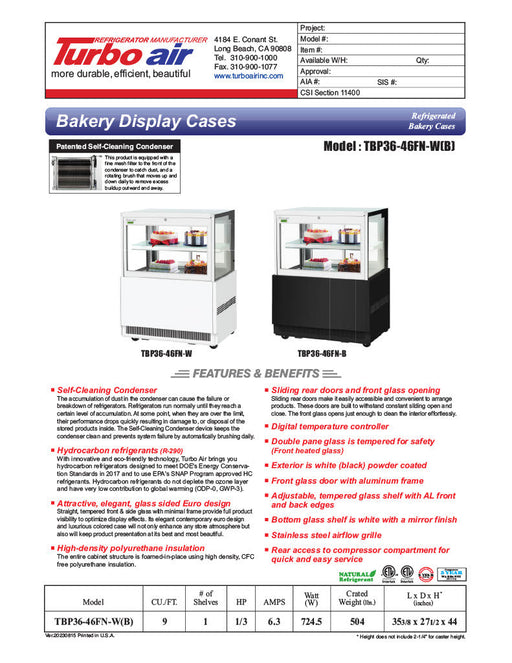 Turbo Air TBP36-46FN-B 35-3/8" Straight Glass Refrigerated Bakery Display Case, 2 Levels, Black Exterior, 115v - Donut-Equipment.com