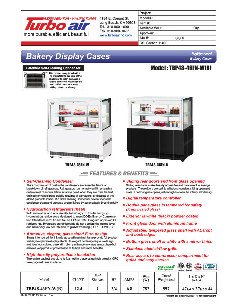 Turbo Air TBP48-46FN-B 47-1/4" Straight Glass Refrigerated Bakery Display Case, 2 Levels, Black Exterior, 115v - Donut-Equipment.com
