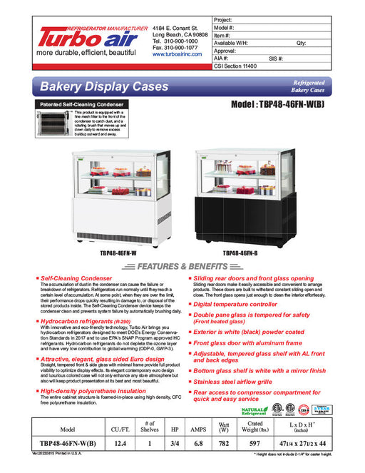 Turbo Air TBP48-46FN-B 47-1/4" Straight Glass Refrigerated Bakery Display Case, 2 Levels, Black Exterior, 115v - Donut-Equipment.com