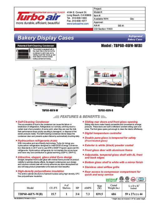 Turbo Air TBP60-46FN-B 59" Straight Glass Refrigerated Bakery Display Case, 2 Levels, Black Exterior, Lift-Up Front Glass, 115v - Donut-Equipment.com