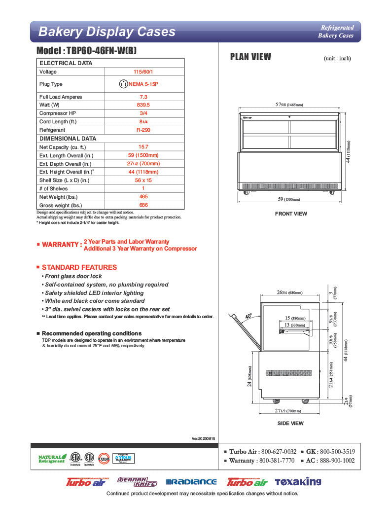 Turbo Air TBP60-46FN-B 59" Straight Glass Refrigerated Bakery Display Case, 2 Levels, Black Exterior, Lift-Up Front Glass, 115v - Donut-Equipment.com