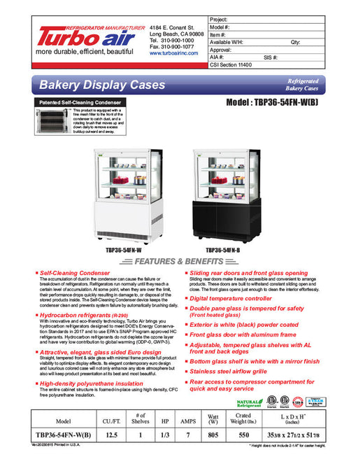 Turbo Air TBP36-54FN-B 35-3/8" Straight Glass Refrigerated Bakery Display Case, 3 Levels, Black Exterior, 115v - Donut-Supplies.Com