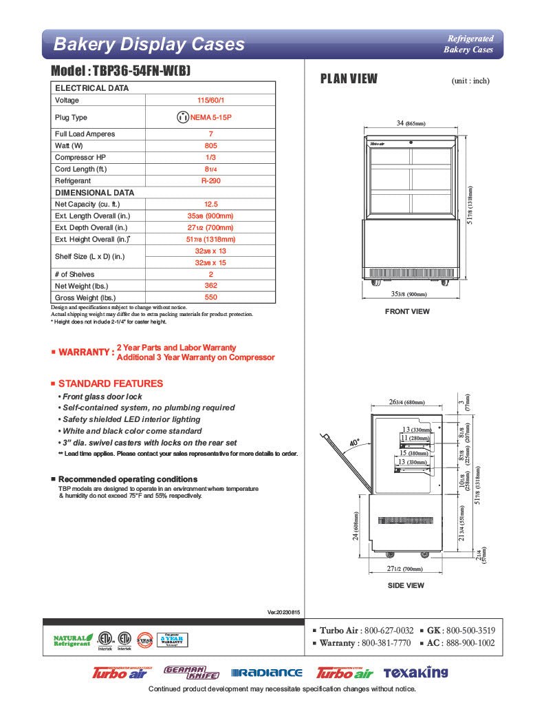 Turbo Air TBP36-54FN-B 35-3/8" Straight Glass Refrigerated Bakery Display Case, 3 Levels, Black Exterior, 115v - Donut-Equipment.com