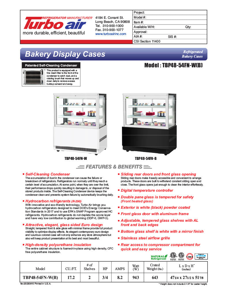 Turbo Air TBP48-54FN-B 47-1/4" Straight Glass Refrigerated Bakery Display Case, 3 Levels, Black Exterior, 115v - Donut-Equipment.com